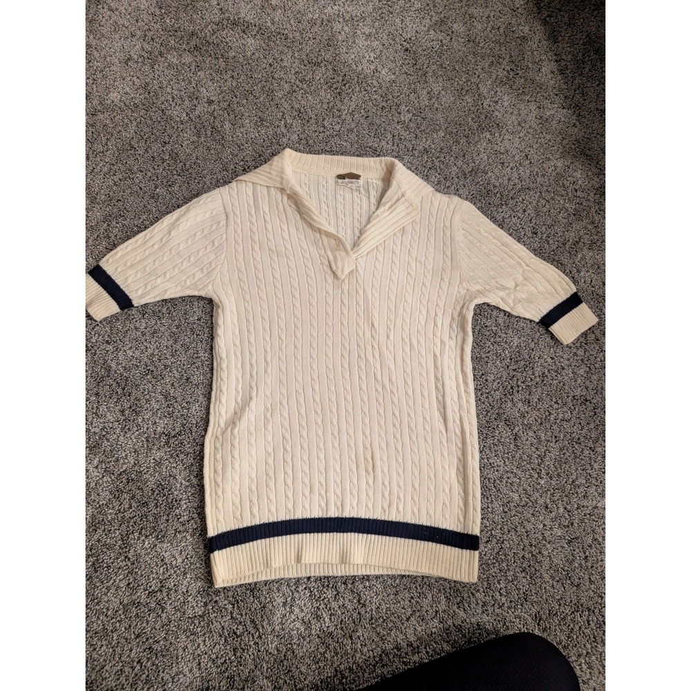 Yves Saint Laurent Cable Knit Sweater Polo Collar‎ Navy Stripe Women S